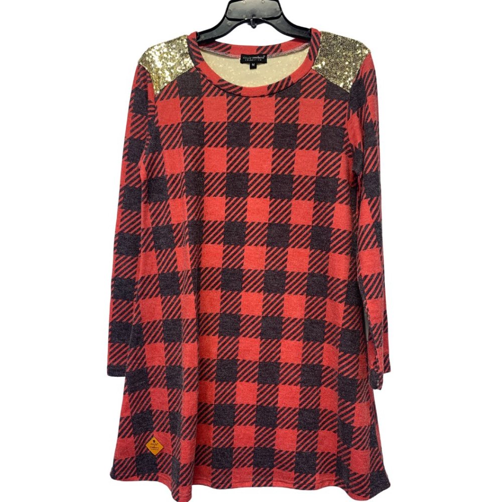 Simply Southern Coral Peach Charcoal Gray Plaid Sweater Dress Gold Sequin Should